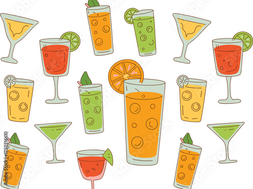 Assortment of colorful cartoon cocktails and drinks with garnishes Keywords: cocktails, drinks