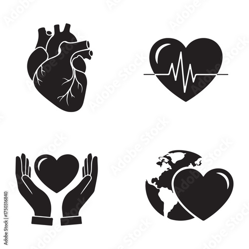 Four heart-related icons in black and white: anatomical heart, heart with pulse, heart in hands, heart and globe.