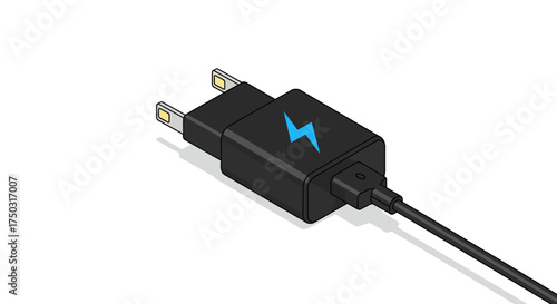 Phone Charger Illustration – Minimal Black Adapter with Cable Vector
