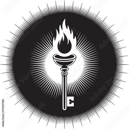 A stylized image of a key with a flame on top surrounded by a radiating black and white circle