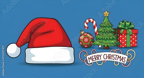 Hat santa christmas set decorations and design isolated on blue background illustration vector stock illustration