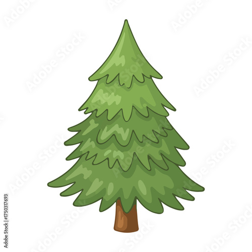A stylized cartoon illustration of a green pine tree with a brown trunk, isolated on a white background.