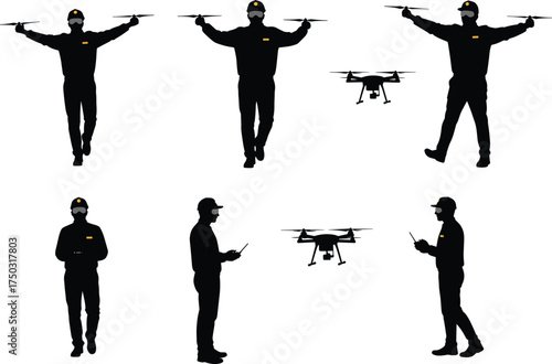 Drone operator silhouettes, quadcopter control, remote piloting, aerial technology, unmanned aircraft, drone training, flying drones, modern aviation, drone photography, innovative flight