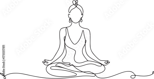 Elegant Woman in Lotus Pose Continuous Line Drawing  Minimalist Yoga Art Illustration on White Background