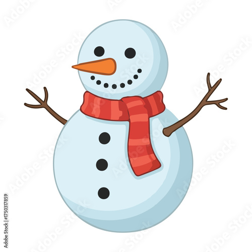 A cartoon illustration of a cheerful snowman wearing a red scarf and a carrot nose.