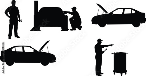 Mechanic silhouettes car repair poses, flat vector illustration, automotive maintenance service, vehicle inspection action, workshop tools design, engineering occupation concept