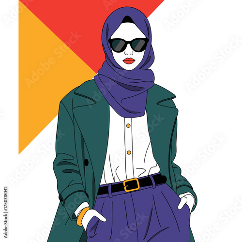 Fashionable Woman in Hijab & Sunglasses. Modern Modest Style Illustration with Bold Colors & Geometric Background