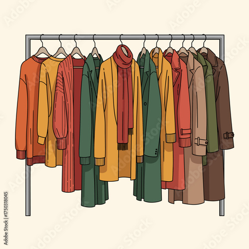 Autumn Fashion Collection on Clothing Rack Illustration with Warm Coats and Sweaters