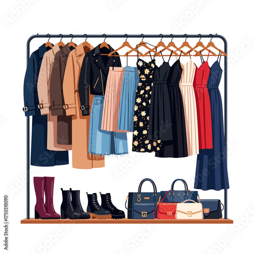 Stylish Women's Fashion Wardrobe Rack. Apparel Collection with Dresses, Coats, Skirts, Boots, and Handbags. E-commerce Illustration