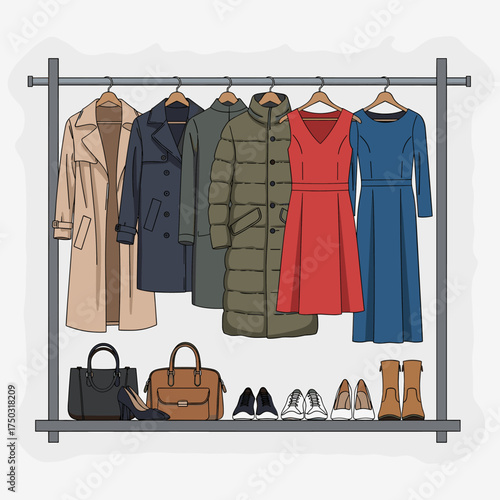 Women's Fashion Clothing Rack with Coats, Dresses, Shoes, and Handbags Illustration