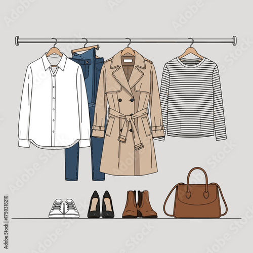 Illustrated Capsule Wardrobe. Classic fashion essentials: trench coat, shirt, jeans, shoes, and bag on hangers.