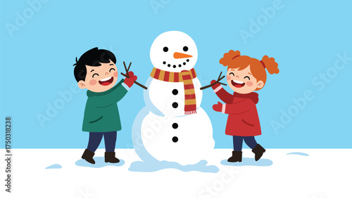 Children building a snowman, winter fun and creating memories together, happy kids in the snow