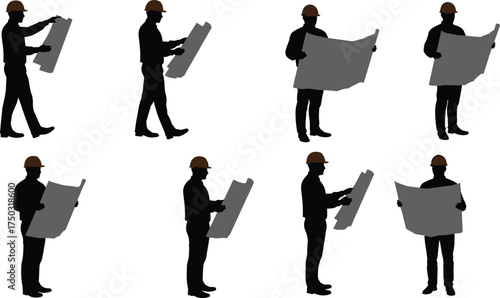 Construction worker silhouettes blueprint poses, flat vector illustration, engineer hard hat design, building site planning action, architecture project review, occupational safety concept