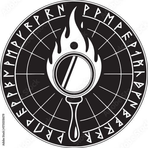 Black and white illustration of a flaming mirror inside a rune inscribed circle with grid lines
