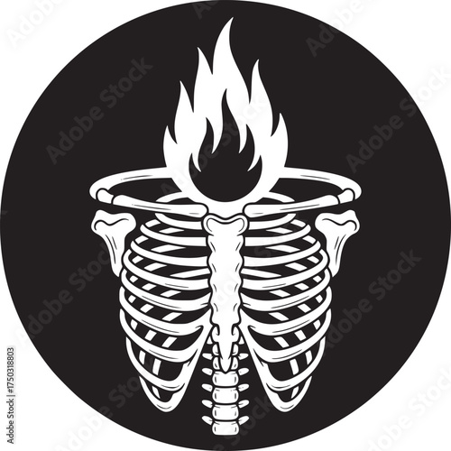 White skeleton torso with flames in a black circle on a white background in vector style