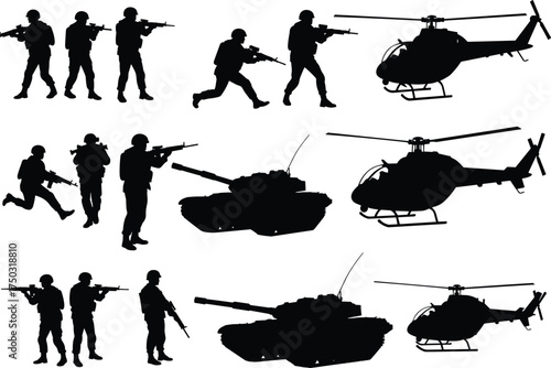 Military silhouettes of soldiers, tanks, helicopters, army weapons, combat action, battlefield scene, war illustration, defense forces, military equipment, strategy