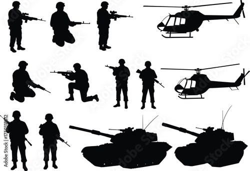 Military silhouettes of soldiers, tanks, helicopters, combat action, battlefield scene, army weapons, defense forces, war illustration, strategy, military equipment, troops