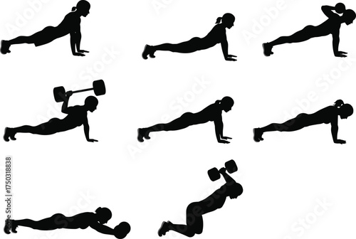 Push-up exercise silhouettes, fitness training variations, strength workout, dumbbell pushups, barbell pushups, medicine ball training, bodyweight exercise, gym illustration, health