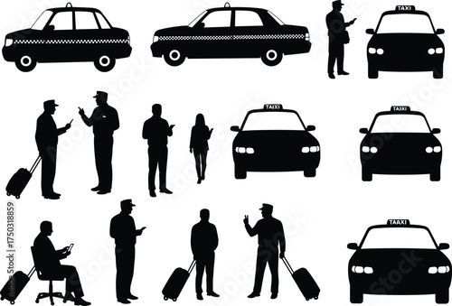 Taxi silhouettes with passengers, drivers, luggage, mobile phones, urban transportation, city travel, commuting scene, cab service, people interaction, illustration