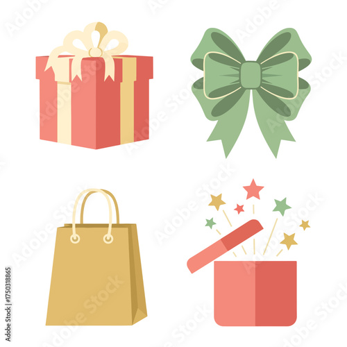 A collection of gift-related items including a wrapped present, a decorative bow, a shopping bag, and an open gift box with sparkles.