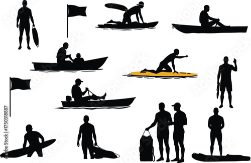 Water sports silhouettes, surfing, kayaking, rowing, paddleboarding, outdoor recreation, beach activity, ocean adventure, aquatic lifestyle, leisure illustration, summer holiday design