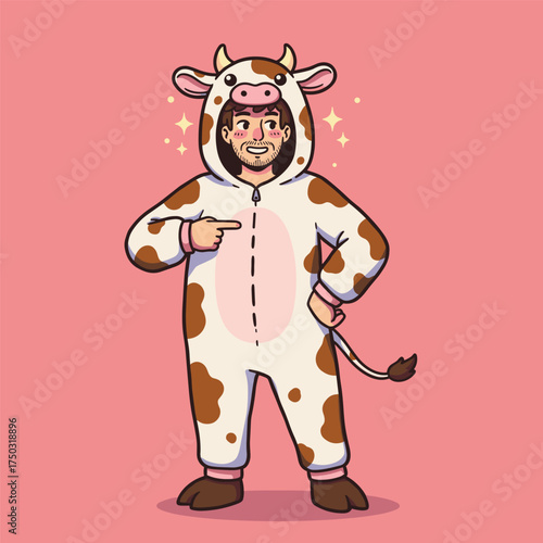 Person in white cow onesie with brown spots, pink snout, horns, and tail, smiling and pointing at the costume, surrounded by sparkles, set against a pink background.