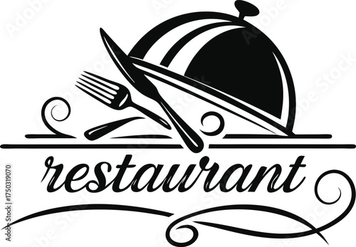 Black Restaurant Logo with Cloche Fork and Knife food cover dome