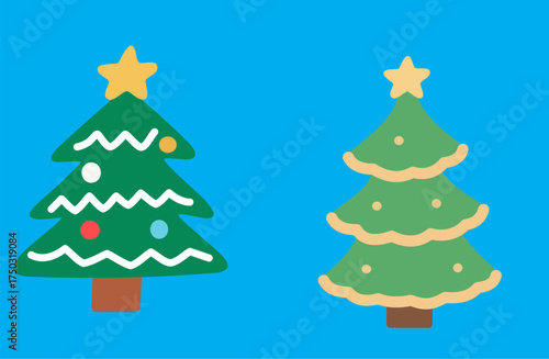 Two cute Christmas tree icons with decorations and star toppers on a blue background, flat vector style.