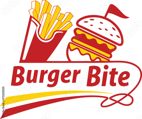 Burger Bite Logo with Burger Fries and Red Yellow Swirl hamburger french fries