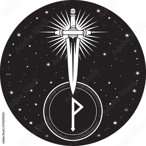 A black and white illustration of a sword piercing a rune symbol in a starry night background