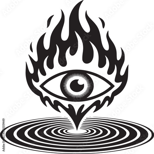 An eye with flames above and below it over concentric circles in black and white illustration