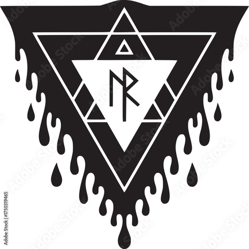 Abstract dripping black triangle design with rune symbol inside a white triangle shape vector art