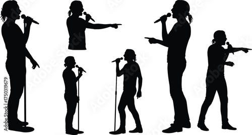 Singer speaker silhouettes microphone poses, flat vector illustration, stage performance action, live music concert, public speaking gesture, creative communication design concept