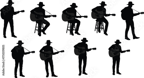Guitarist silhouettes playing poses, flat vector illustration, acoustic music action, seated standing performance, wide brim hat, creative musician design, art concept