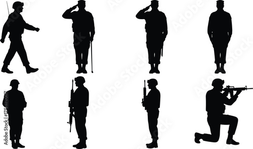 Military soldier silhouettes poses, flat vector illustration, salute attention stance, rifle holding aiming, marching walking action, army discipline respect, defense training concept