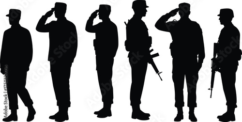 Soldier silhouettes saluting poses, flat vector illustration, rifle holding stance, military discipline respect, army training action, combat uniform, patriotic defense concept