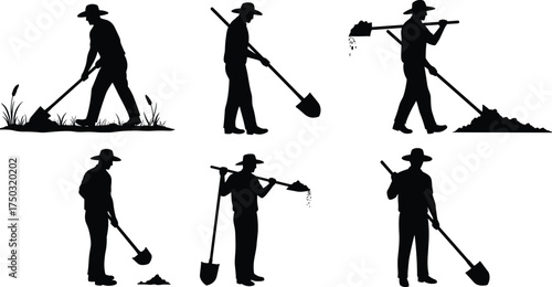 Worker silhouettes digging poses, flat vector illustration, shovel labor action, manual work concept, soil dirt movement, outdoor job, construction farming industry