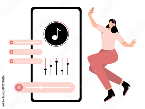Girl is dancing while listening to music. Music Player illustration. Flat vector illustration.