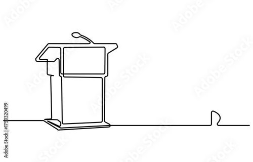 Single one line drawing podium with microphone, Conference lectern line icon on the background, Conference lectern icon, Man Giving a Presentation, Usually used in speech or oration. continuous line.