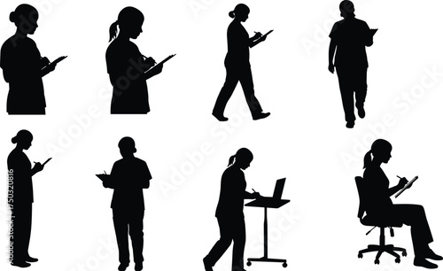 Professional medical worker silhouette vector, healthcare staff poses, clipboard, laptop, ergonomic posture, clinical attire, cad drawing flat vector