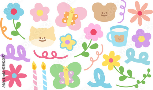 Cheerful collection of whimsical icons, flowers, butterflies, and smiling faces creates a playful mood for birthday celebration designs or fun graphic elements, originally a vector graphic