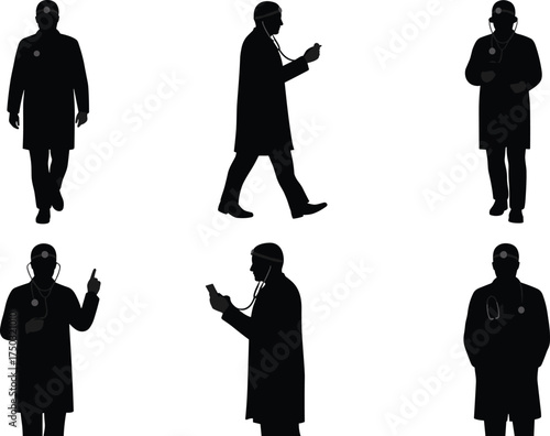 Doctor silhouette collection, medical professional illustration, healthcare workers walking and standing poses, flat vector art, stethoscope, hospital concept, black silhouette design