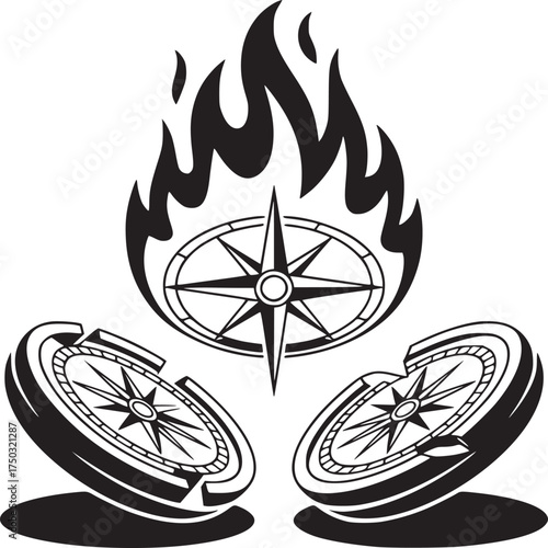 Three compasses with one compass surrounded by flames in a black and white vector illustration