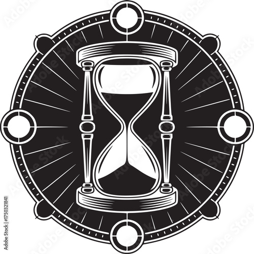 Graphic illustration of an hourglass surrounded by a circular frame with radial lines and circles