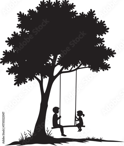 Black silhouette of a tree with children on a swing