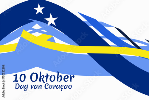 Translation: October 10, Curaçao Day. Vector illustration. Suitable for greeting card, poster and banner.