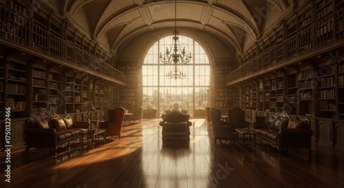 Grand library interior with bookshelves and city view
