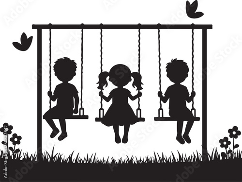 Black silhouette of three children on swings with butterflies and flowers