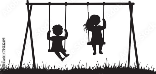 Black silhouette of two children on a swing set over grass