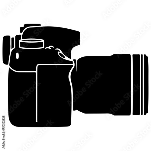 Digital SLR Camera and Long Lens Graphic Design, Cameraman Gear Logo Element or Icon, any project representing professional image capture and zoom capability.